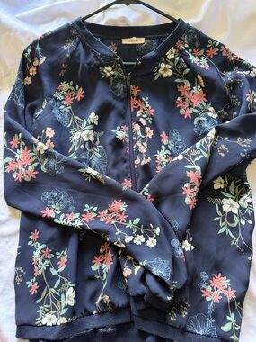 Maurices Navy Floral Bomber Jacket with Coral & Cream Flowers